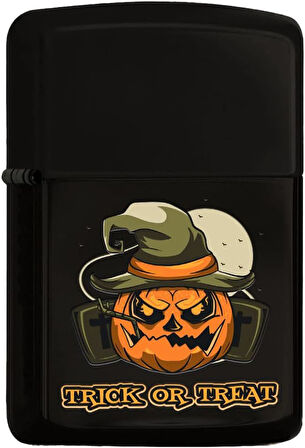 Gift Halloween Trick or Treat Tasarımlı Renkli Baskılı Siyah Benzinli Metal Çakmak