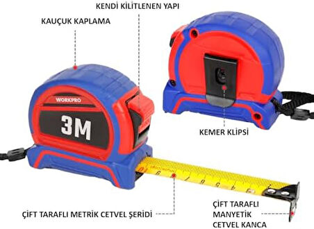 WP261040 3Mx16mm Naylon Kaplama Sarı Çift Taraflı Manyetik Çelik Şerit Metre
