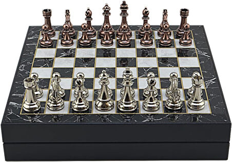 Büyük Boy Metal Klasik Satranç Tk. Antik ve Mermer Desenli Sandıklı MDF Tahtası(36X36 cm.)