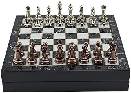 Büyük Boy Metal Klasik Satranç Tk. Antik ve Mermer Desenli Sandıklı MDF Tahtası(36X36 cm.)
