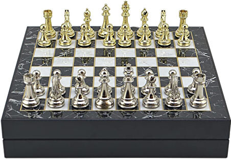 Büyük Boy Metal Klasik Satranç Tk. Parlak ve Mermer Desenli Sandıklı MDF Tahtası(36X36X6 cm.)
