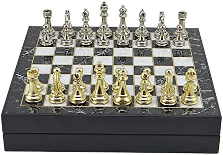 Büyük Boy Metal Klasik Satranç Tk. Parlak ve Mermer Desenli Sandıklı MDF Tahtası(36X36X6 cm.)