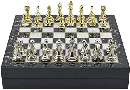 Büyük Boy Metal Klasik Satranç Tk. Parlak ve Mermer Desenli Sandıklı MDF Tahtası(36X36X6 cm.)