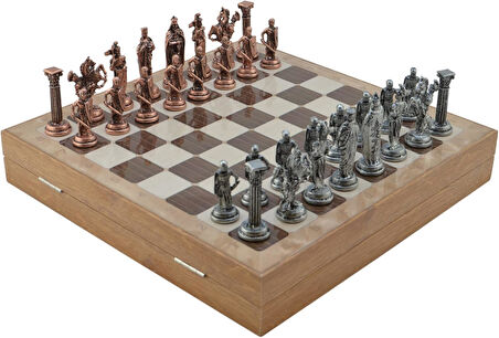 Büyük Boy Metal Osmanlı-Bizans Satranç Tk. Antik ve Mermer Desenli Sandıklı MDF Tahtası(36X36 cm.)