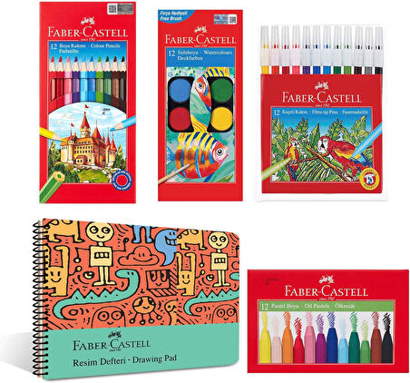 Boyama Seti ve Resim Defteri 25x35 cm, Çocuklar İçin Yaratıcı Eğlence, 12 Renk Suluboya, Boya Kalemi, Pastel Boya, Keçeli Kalem ve 30 Yaprak Defter