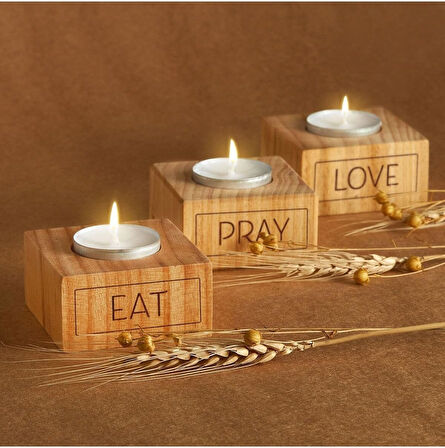 Eat | Pray | Love Motto Tasarımlı 3Lü Ahşap Mum Seti
