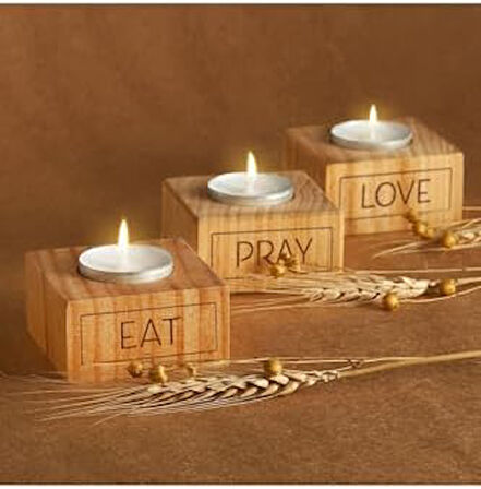 Eat | Pray | Love Motto Tasarımlı 3Lü Ahşap Mum Seti