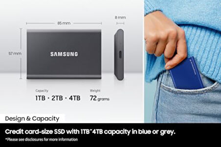 Taşınabilir T7 SSD, USB 3.2 Gen 1 TB, 1.050 MB/sn Okuma, 1.000 MB/sn Yazma, Mavi, MU-PC1T0H