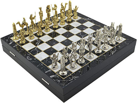 Büyük Boy Metal Mısır Satranç Tk. Parlak ve Mermer Desenli Sandıklı MDF Tahtası(36X36X6 cm.)