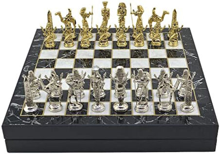 Büyük Boy Metal Mısır Satranç Tk. Parlak ve Mermer Desenli Sandıklı MDF Tahtası(36X36X6 cm.)