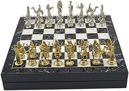 Büyük Boy Metal Mısır Satranç Tk. Parlak ve Mermer Desenli Sandıklı MDF Tahtası(36X36X6 cm.)