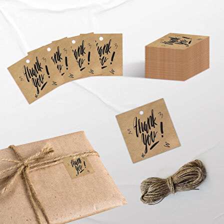 Thank You Kraft Paketleme Etiketleri - 100 Adet Kraft Etiket Jut İple Birlikte - 4,5 * 4,5 cm Ölçülerinde Kare Formunda