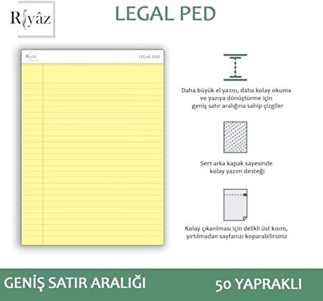 Boyut (216 x 297mm), Sarı renkli Legal Pad, Notluk, Notepad, Defter, 50 Yaprak, Geniş Satır aralığı, okul, iş ve ofis için, Türk Malı