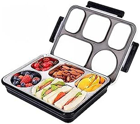 Bento 1600ml Lunchbox Tek Katlı 5 Bölmeli Çelik Sefer Tası Yemek Kutusu (Siyah)