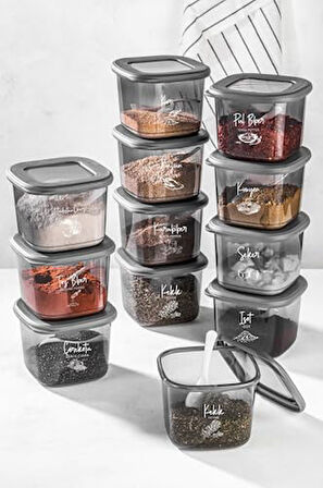 Beyaz Serigrafi Etiketli Kaşıklı Kare Erzak Saklama Kabı 12'Li Set Küçük Boy 0,55 Litre