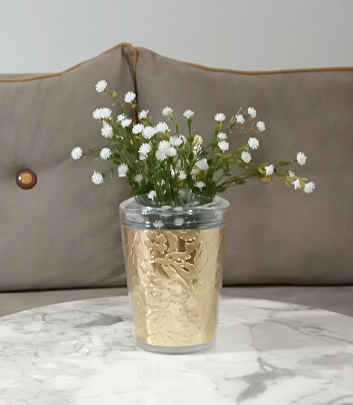 DAHİL,VAZO DAHİL,VAZODA ÇİÇEK,BEYAZ YAPAY ÇİÇEK,VAZO DEKORATİF ALTIN YAPRAK 9X9X17CM