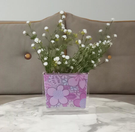 DAHİL,VAZO DAHİL,VAZODA ÇİÇEK,BEYAZ YAPAY ÇİÇEK,VAZO DEKORATİF PEMBE ÇİÇEKLİ 10X15X3CM