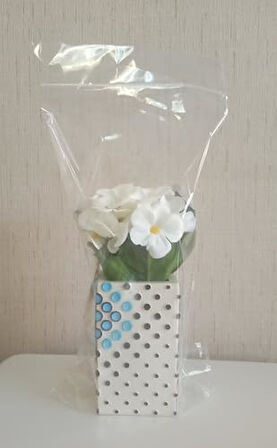 DAHİL,VAZO DAHİL,VAZODA ÇİÇEK,BEYAZ YAPAY ÇİÇEK,VAZO DEKORATİF PUANLI POLİRESİN 6X6X15CM