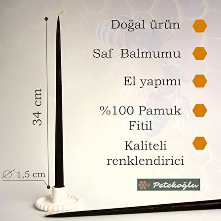 (6 Adet X 35Cm) Konik Balmumu Mum Şamdan Mumu Doğal Petek Bal Mumu Mum Siyah Dekoratif Beeswax Candle Black