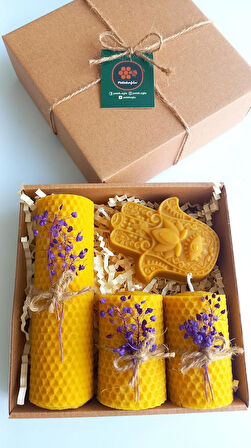 Doğal Petek Balmumu Mum Hediyelik Dekoratif Set Hamse Bereket Eli Beeswax Canle Gift Set