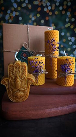 Doğal Petek Balmumu Mum Hediyelik Dekoratif Set Hamse Bereket Eli Beeswax Canle Gift Set