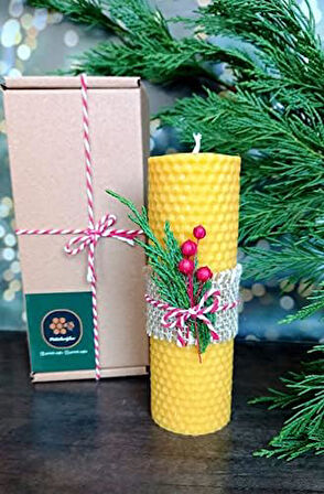 Dekoratif Doğal Petek Balmumu Mum 14Cm x 4.5Cm Sarma Tek Blok Mum Kutulu Süslü Beeswax Candle