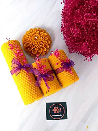 Dekoratif Doğal Petek Balmumu Mum Büyük Çiçekli Set Bal Mumu Mum Beeswax Candle 4 Lü Set