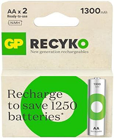 Batteries ReCyko 1300 AA Kalem Ni-MH Şarjlı Pil, 1.2 Volt, 2'li Kart