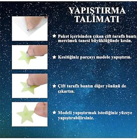 Sticker Karanlıkta Parlayan Fosforlu Ay ve Yıldız Tasarımlı Dekoratif (200 Adet Yıldız)