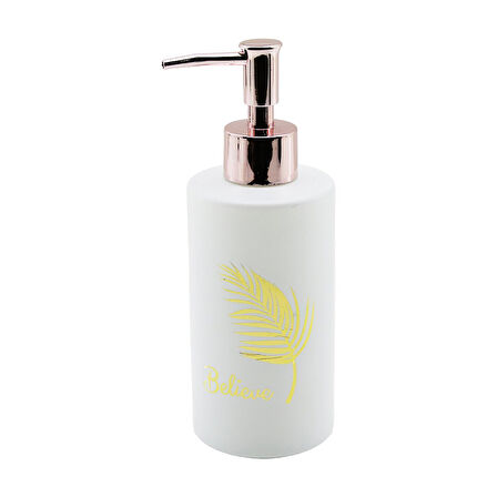 CAM  YUVARLAK - BEYAZ ŞİŞE--GOLD YAPRAK DESEN SIVI SABUNLUK 350ML BRONZ PLASTİK POMPA