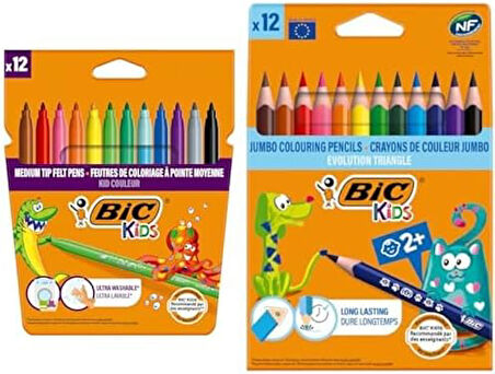 çocuk boyama seti (Keçeli boya kalemi ve jumbo kuru boya kalemi, 12'li)