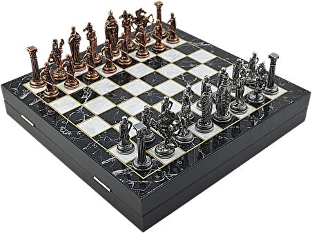 Büyük Boy Metal İngiliz Satranç Tk. Antik ve Mermer Desenli Sandıklı MDF Tahtası(36X36 cm.)