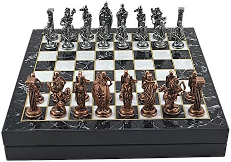 Büyük Boy Metal İngiliz Satranç Tk. Antik ve Mermer Desenli Sandıklı MDF Tahtası(36X36 cm.)