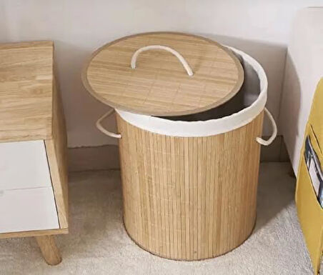 Bambu Katlanabilir Kirli Çamaşır Sepeti Büyük Boy Yuvarlak Kapaklı