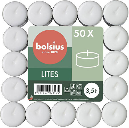 Tealight, yumuşak ateşli, dumansız, paketli, yanma süresi 3.5 saat, dekoratif ev mumları, beyaz, doğal bitki mumu, palmiye yağı içermez, 50 adet, parfümsüz