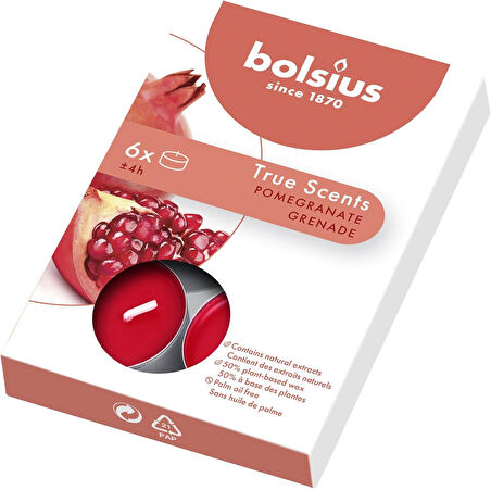 Kokulu Tealight Mum, Nar Kokulu, Kırmızı Renkli, 6'lı Paket, 4 Saatlik Yanma Süresi - Ev Mumu - İç Dekorasyon - Doğal Özler - Doğal Vegan Balmumu İçerir - Palmiye Yağı İçermez
