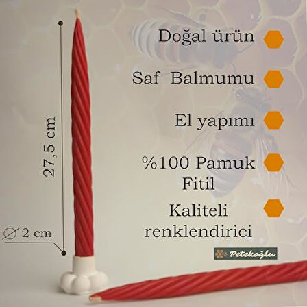 Balmumu Mum Kırmızı (2 Adet 27.5Cm) Kalın Burgu Burgulu Balmumu Şamdan Mumu Dekoratif Mum (Kırmızı) Mum Balmumu