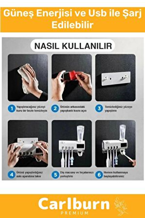 Premium Usb Şarjlı Güneş Enerjili Otomatik Diş Macun Sıkacağı Sterilizatörlü 4 Adet Fırçalığı Tutucu