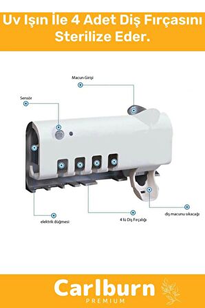 Premium Usb Şarjlı Güneş Enerjili Otomatik Diş Macun Sıkacağı Sterilizatörlü 4 Adet Fırçalığı Tutucu