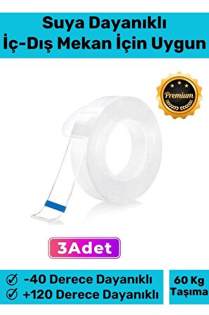 Deluxe Ultra Süper Güçlü Yüksek Mukavemetli Nano Teknolojili Çift Taraflı Şeffaf 1 mt Bant 3 Adet