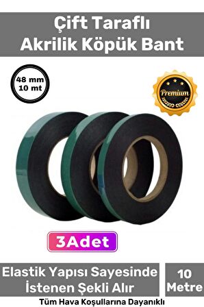 Süper Güçlü İz Bırakmayan Elastik Yapılı Çift Taraflı 48mm - 10 Metre Akrilik Köpük Bant - 3 Adet