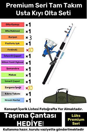 Özel Üretim Şık Taşıma Çantalı Hazır Kurulu Tam Takım Usta Kıyı Olta Seti - 3m Kamış Hediyeli