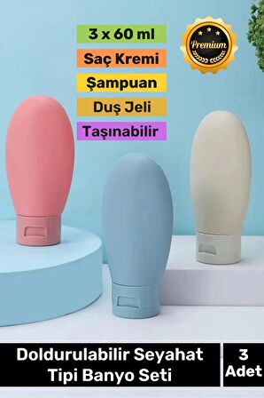 Premium Doldurulabilir Taşınabilir Krem Şampuan Jel 3 Adet 60ml Hijyenik Seyahat Tipi Banyo Seti