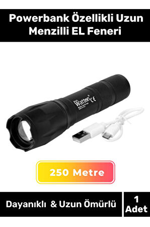 Deluxe Seri Beyaz Gün Işığı 3 Modlu 250 Metre Menzilli Powerbank Özellikli Uzun Menzilli EL Feneri