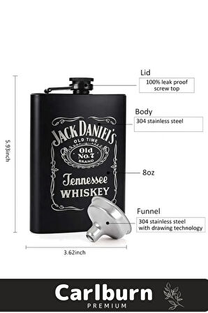 Özel Üretim Jack Daniels Uzun Süre Soğuk Tutan Siyah Çelik Kutulu 1 Matara 4 Shot Bardak Hediye Seti