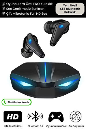 Özel RGB Işıklı K55 Tws Pro Extra Bass Mikrofonlu 3D Stereo Ses Bluetooth Kablosuz Oyuncu Kulaklık