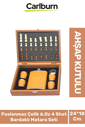 Premium Paslanmaz Çelik 8.Oz 4 Shot Bardaklı Ahşap Kutulu Satrançlı Alkol Deri Matara Seti 24*18 Cm