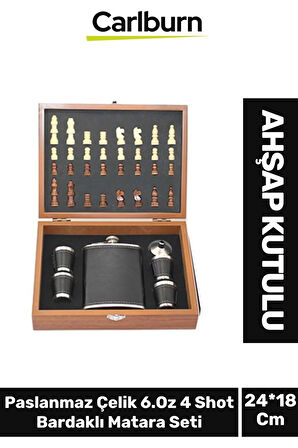 Premium Paslanmaz Çelik 8.Oz 4 Shot Bardaklı Ahşap Kutulu Satrançlı Alkol Deri Matara Seti 24*18 Cm