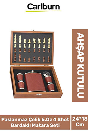 Premium Paslanmaz Çelik 8.Oz 4 Shot Bardaklı Ahşap Kutulu Satrançlı Alkol Deri Matara Seti 24*18 Cm