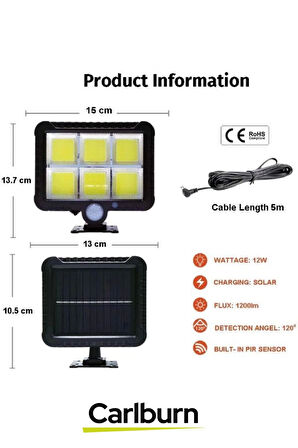 Su Geçirmez Uzun Ömürlü 12W Aydnlatma 5 Metre Mesafeli 3 Modlu Hareket Sensörlü Solar Lamba